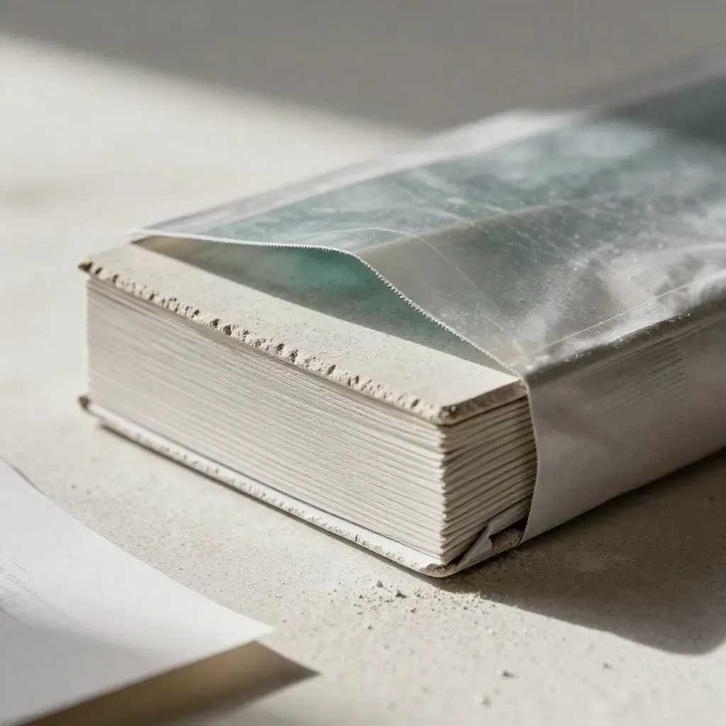 Stone-grey essay checker pack macro with translucent sleeve and chalk dust on pale plaster.