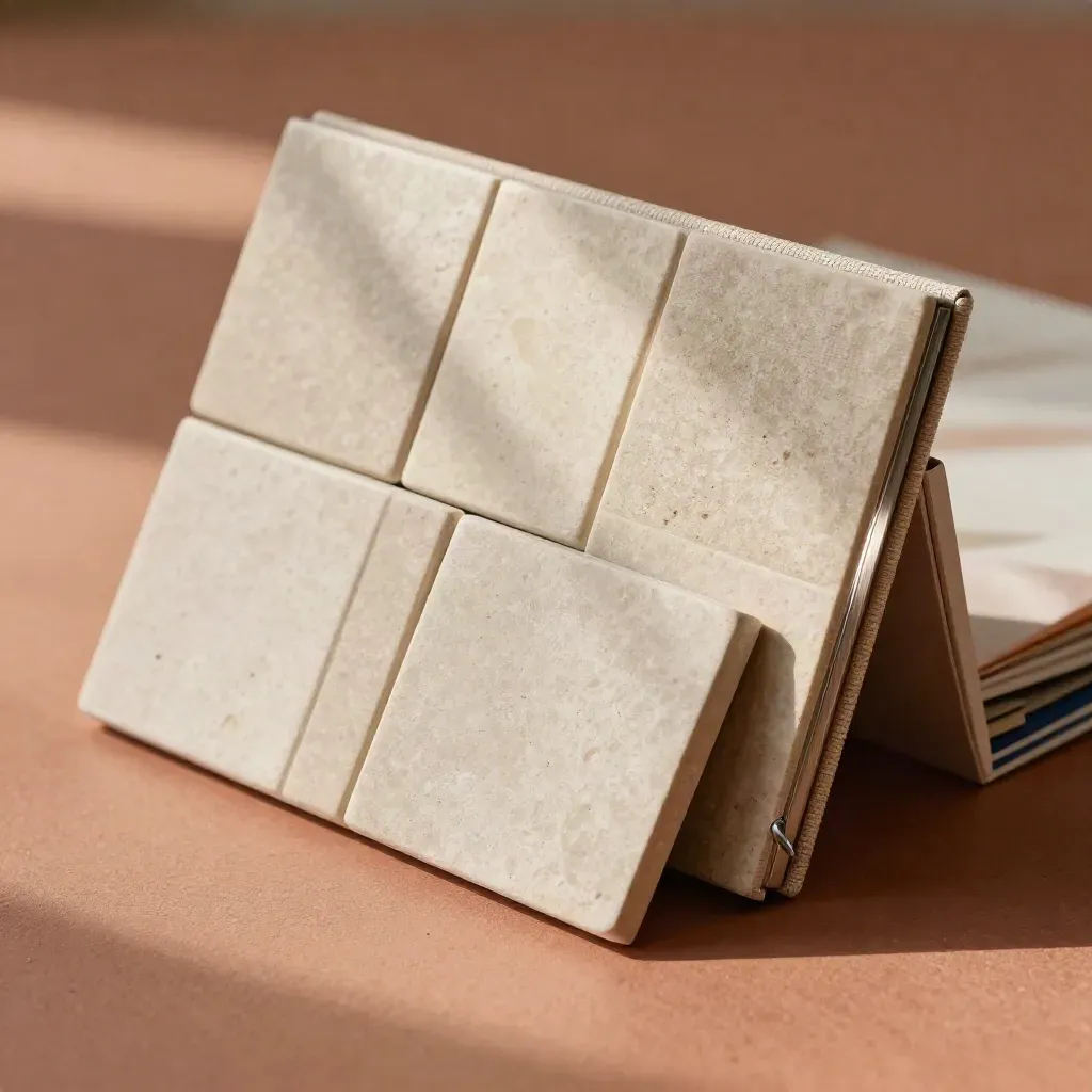 Four matte tiles bound by linen on terracotta plaster, lit by a soft diagonal beam.