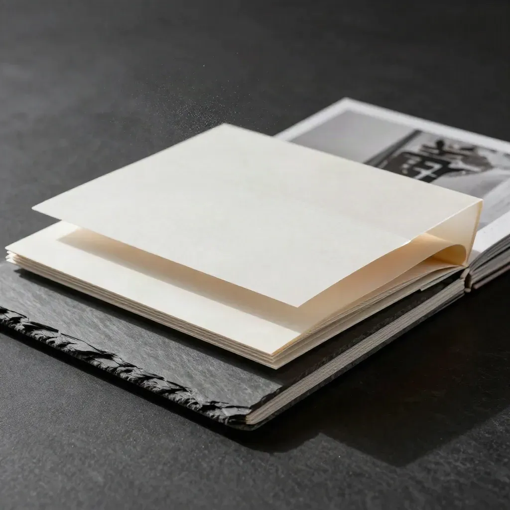 Three stepped proofing folders and a frosted separator cascade on matte-black studio ground.
