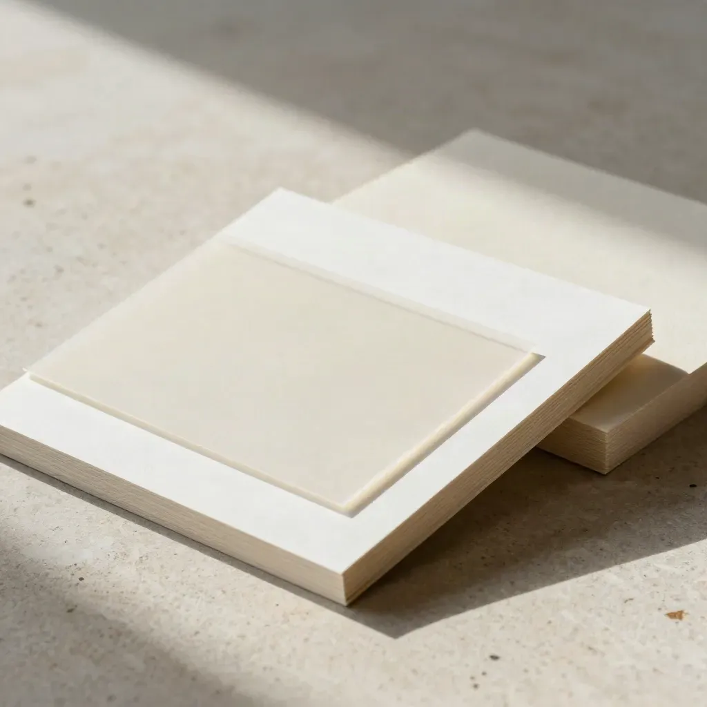 Macro of a pale stone report bundle with a translucent overlay sheet on limestone, lit by a raking beam