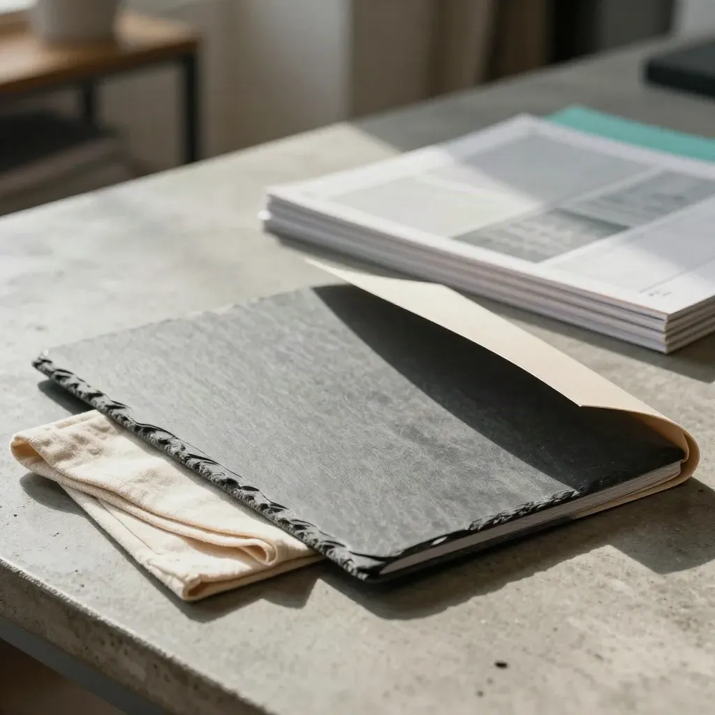 Slate rewrite folio with curved sleeve and cloth on a concrete editorial workbench