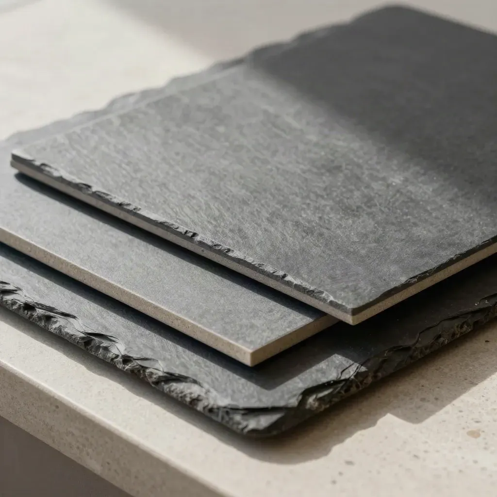 Slate modular seat add-on tile sliding into place beside a companion piece in soft raking light