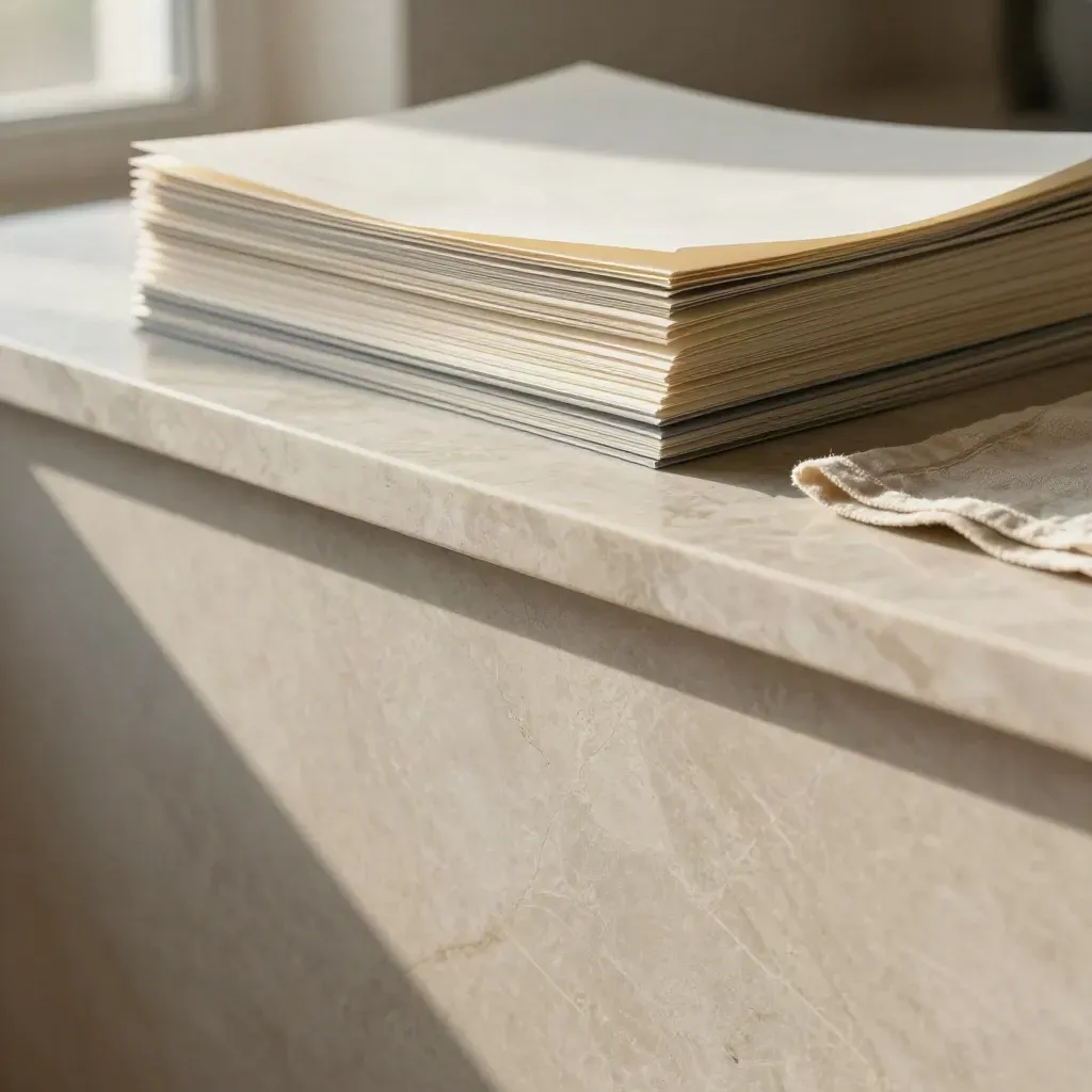Marble editorial surface with pale proof trays and linen cloth in soft morning window light.