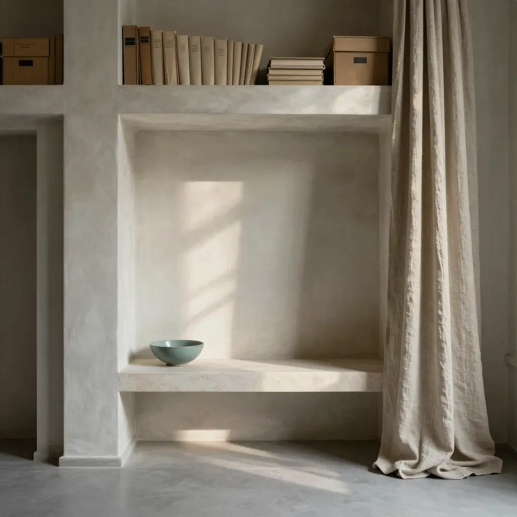 Plaster reading room with linen drape, pale shelf line, and calm lower space for copy.
