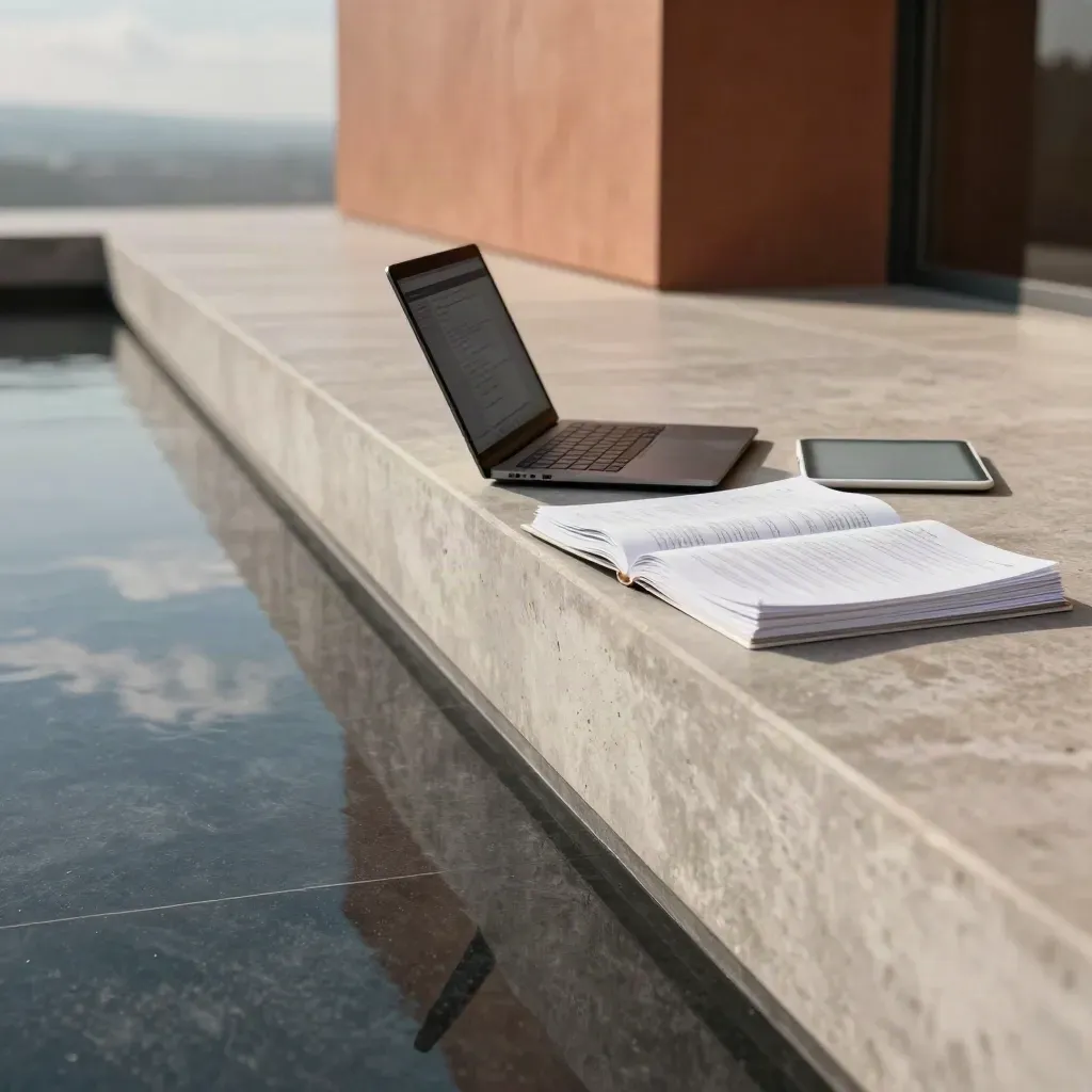 Modern editorial threshold with laptop and proof sheets above a calm rain-dark terrace