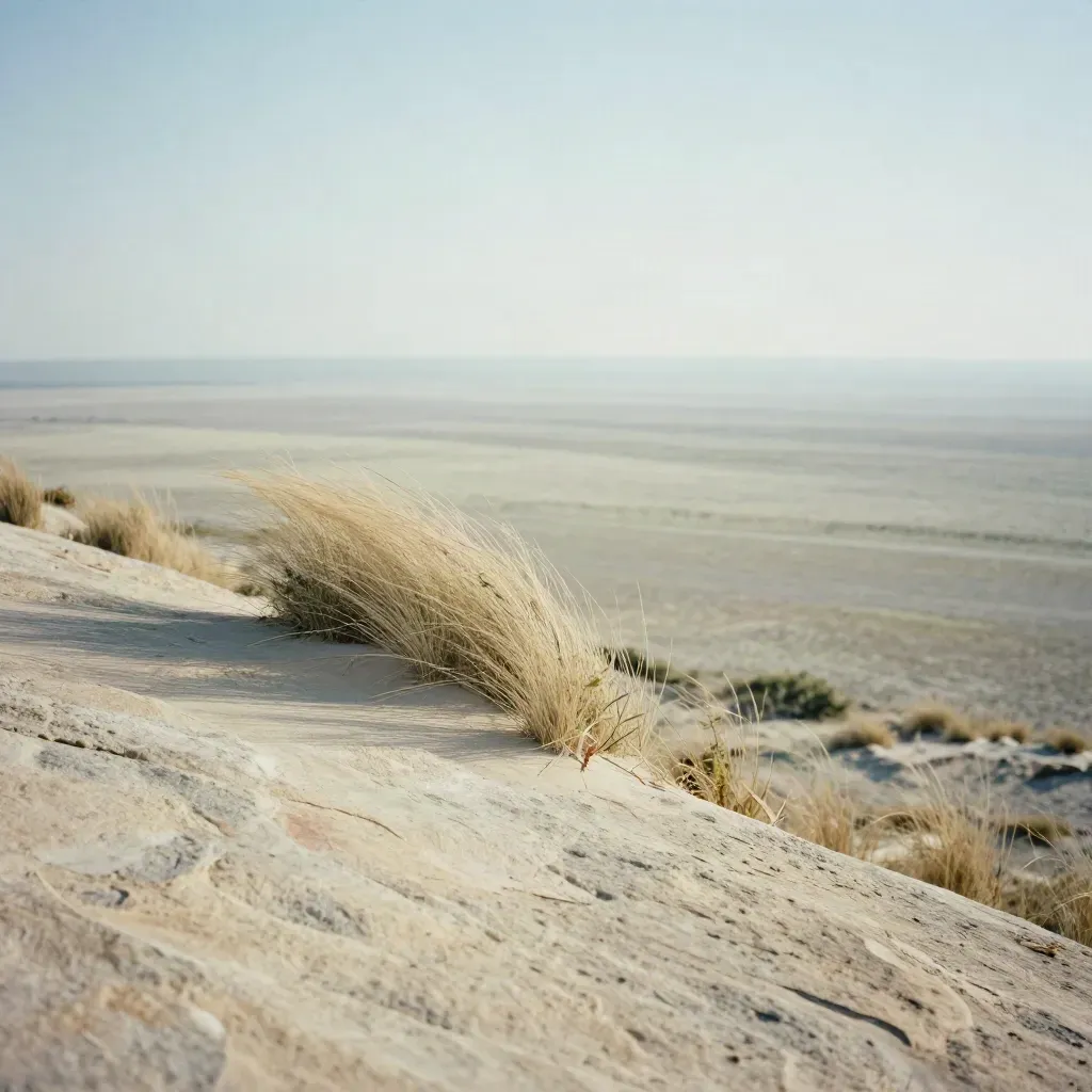 Sunlit sandstone ridge above a calm open plain with haze and wind-tossed grass