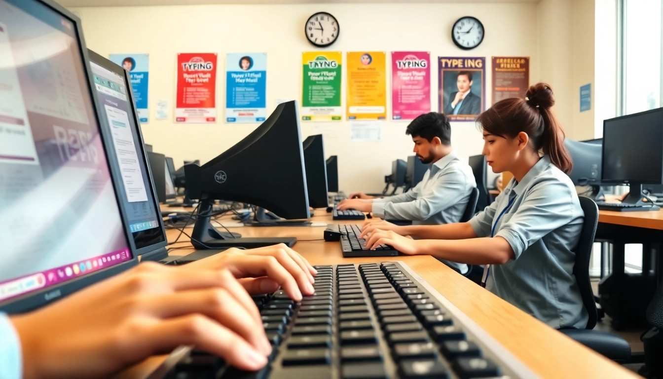 Hands typing at a Typing Center, showcasing productivity and focus in a vibrant atmosphere.