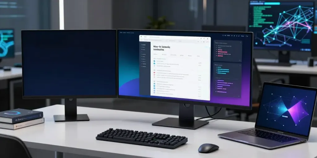 web app vulnerability assessment dashboard on ultrawide monitor in a modern developer workspace with coding tools and cybersecurity elements.