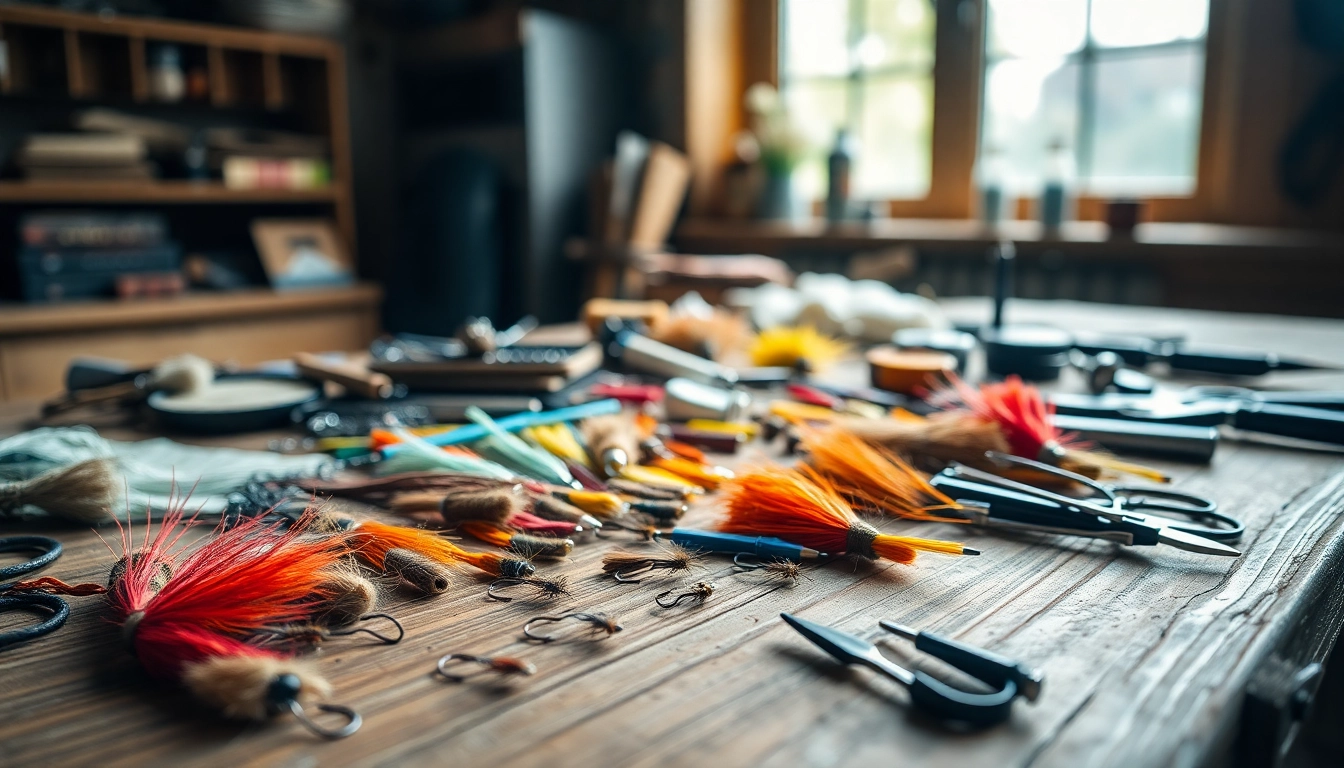 Fly tying setup with colorful threads and tools on a rustic table, showcasing artful craftsmanship.