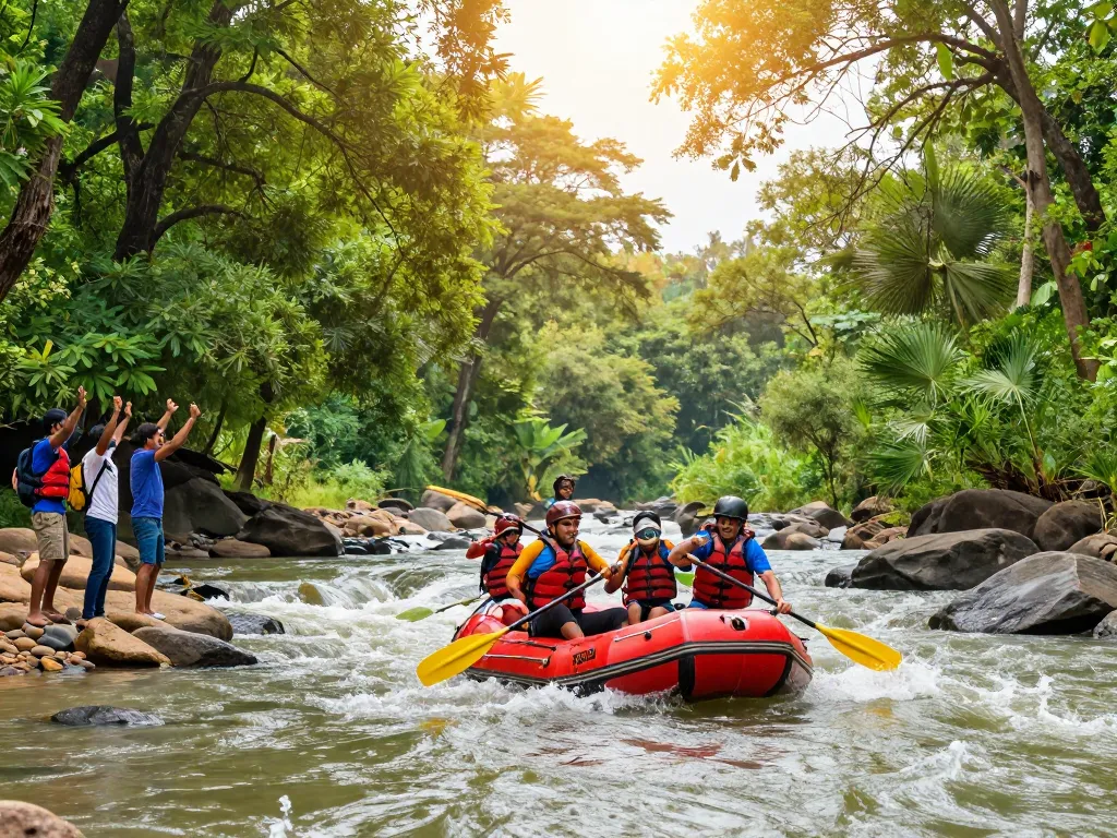 Dandeli river rafting adventure with travelers enjoying the lush scenery
