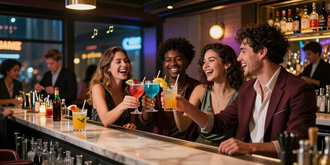 Friends toasting drinks at a lively downtown bar, capturing the spirit of https://www.thedrowntown.com nightlife.