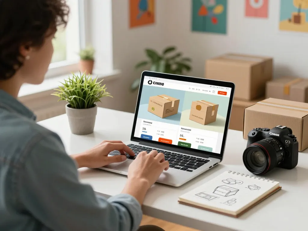 Customer online shopping for custom carton box designs in a cozy home office.