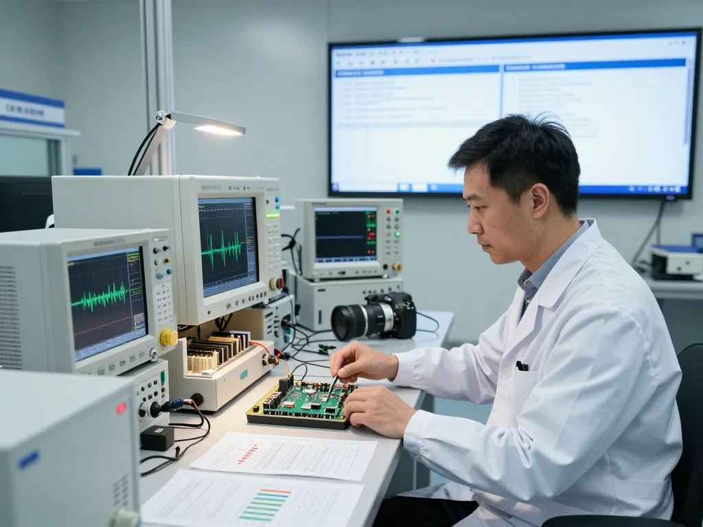 EMC compliance testing in a high-tech lab with advanced equipment and engineer analyzing results.