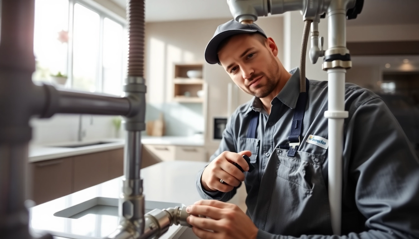 Skilled plumber West Vancouver adjusting plumbing fixtures in a modern kitchen setting.