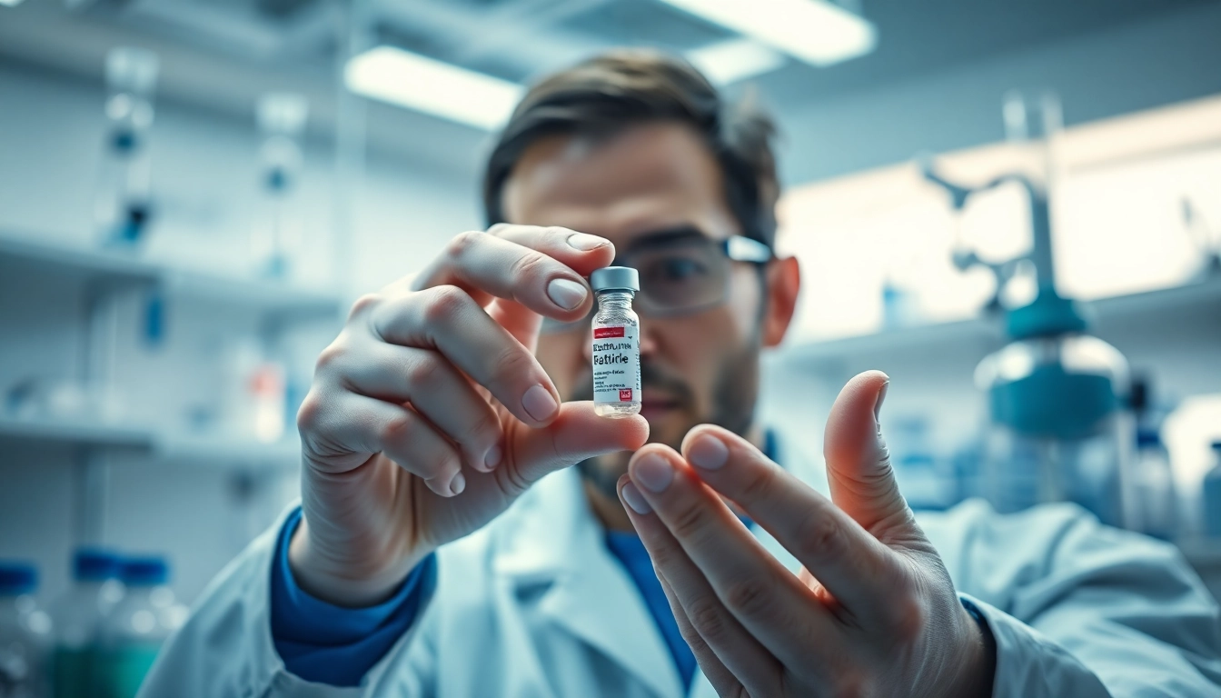 Scientist examining a vial of Retatrutide in a modern laboratory environment.