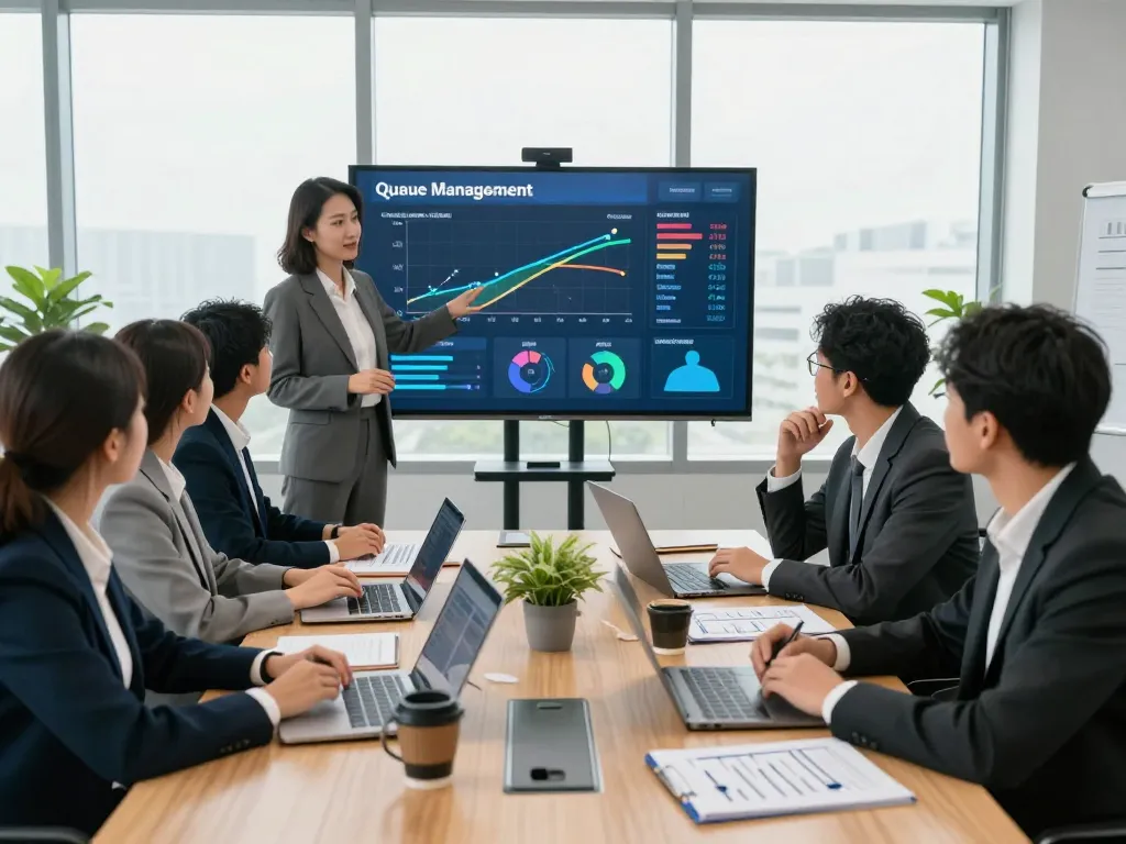 Team discussing queue management solutions in a modern office, focused on optimizing customer flow and service efficiency.