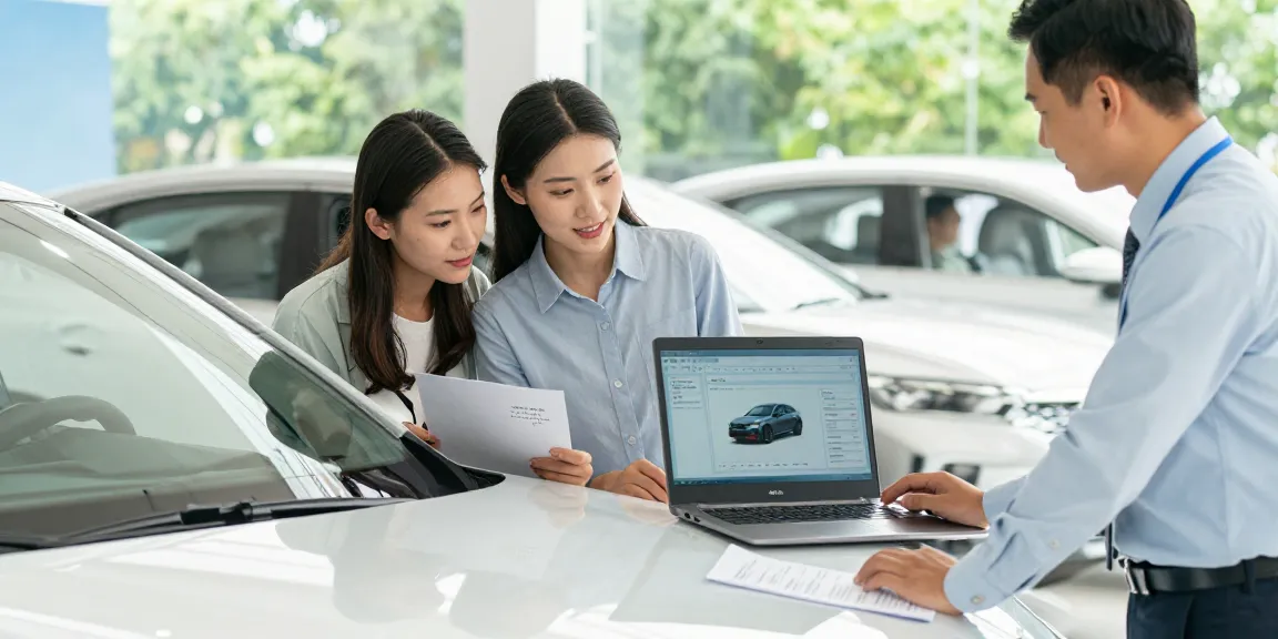 Couple checking reg check UK vehicle history report during car dealership visit.