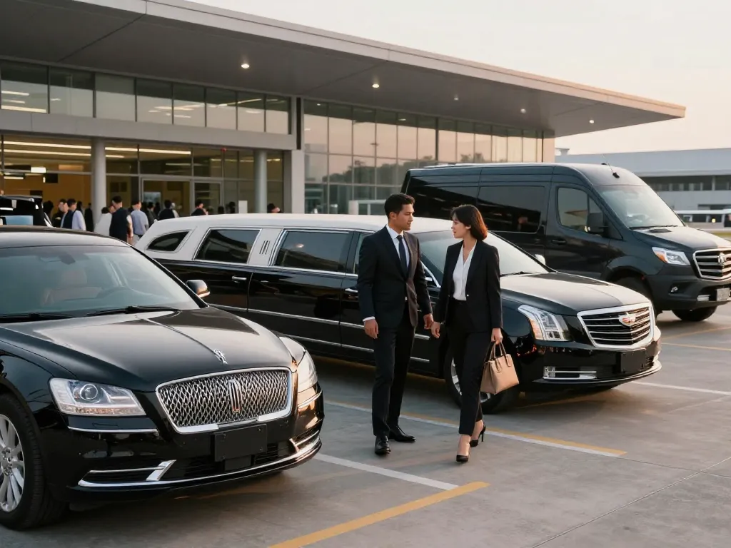Luxury limo to Midway Airport with chauffeur assisting a client, showcasing elegance and style.