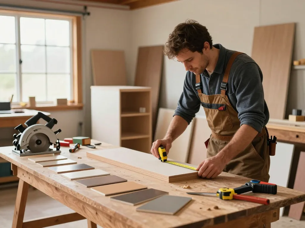 Carpentry expert measuring wood in a cozy home workshop for custom cabinetry.