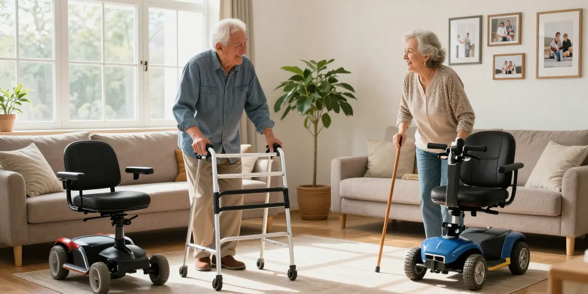 Explore various mobility aids including canes and scooters as elderly couple examines options to buy nobility aids.