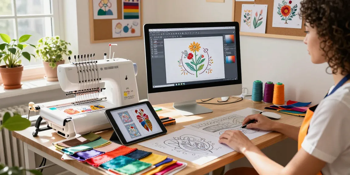 Designer using a png to embroidery converter in a vibrant sewing studio with colorful fabrics and threads.