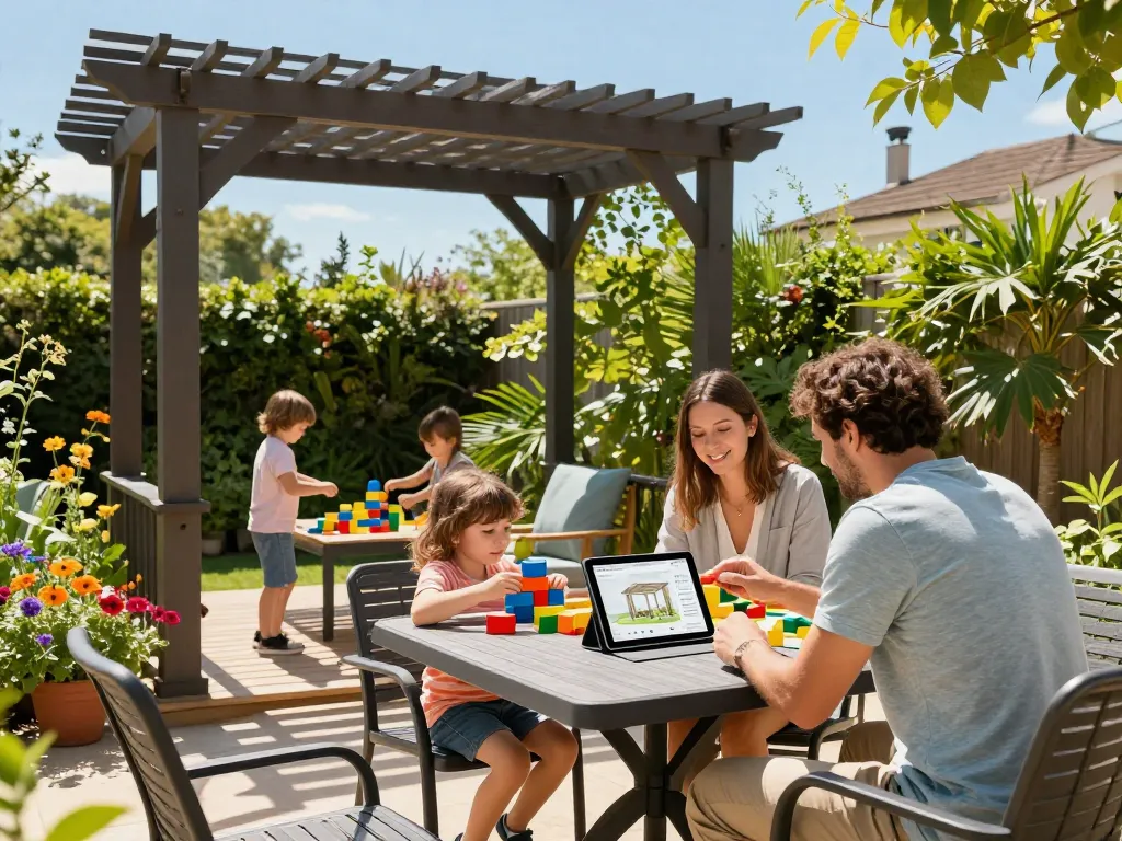 A family using a 3D pergola configurator to design a custom outdoor space, surrounded by a beautiful garden.
