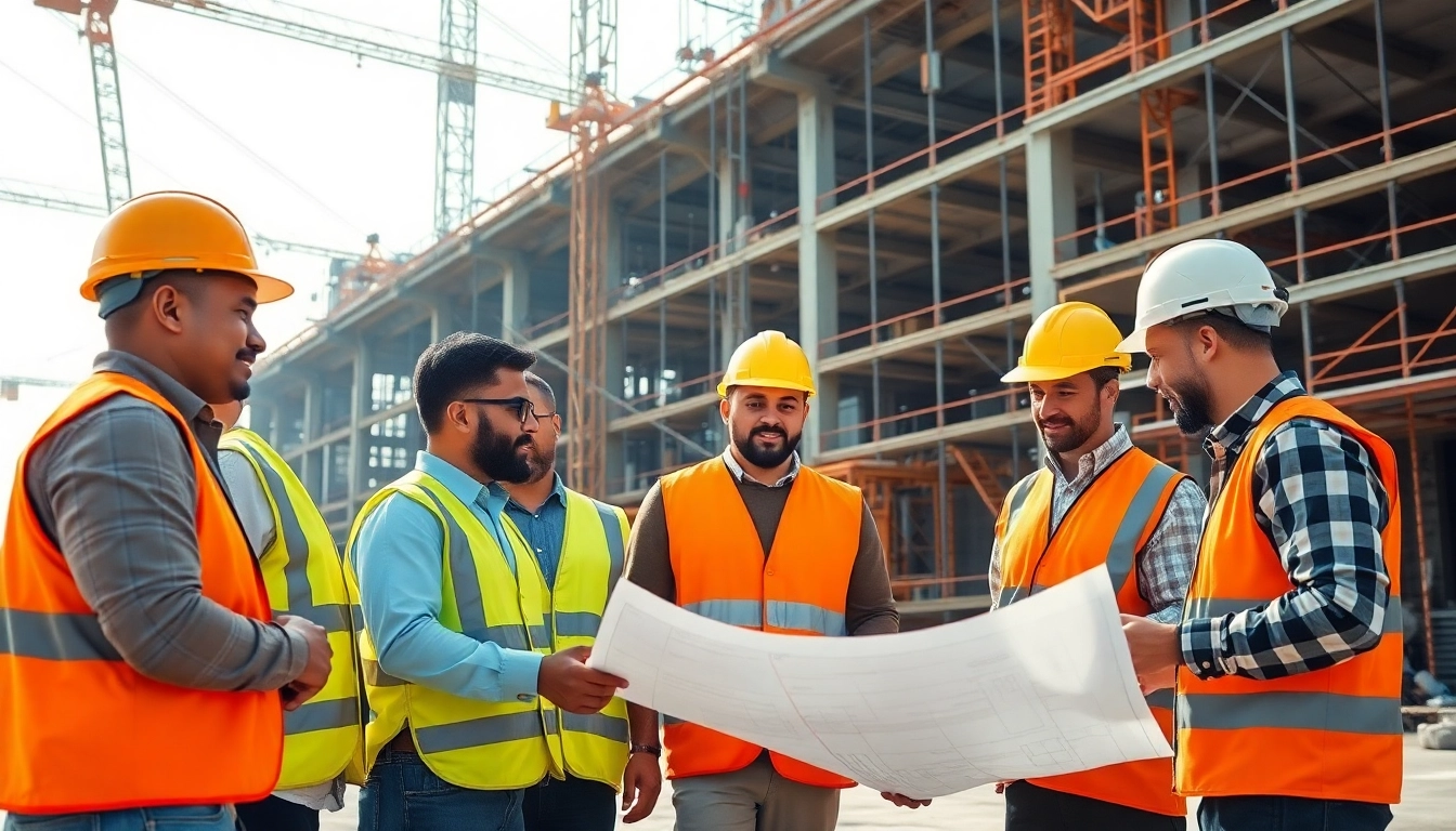 Construction association members collaborating on a busy site, showcasing teamwork and safety.