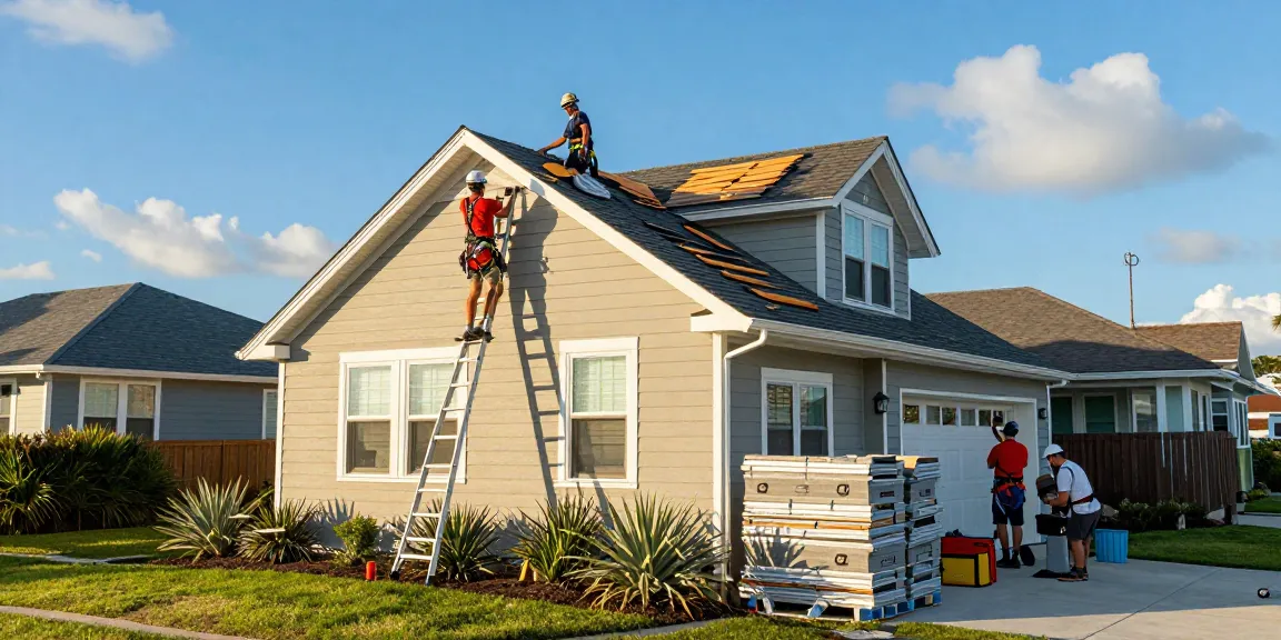 Roofers Near Me working on a coastal home, showcasing skilled professionals inspecting a roof replacement.