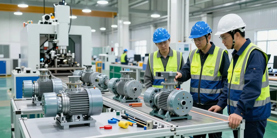 High-quality chemical pump being inspected in a modern industrial factory setting.
