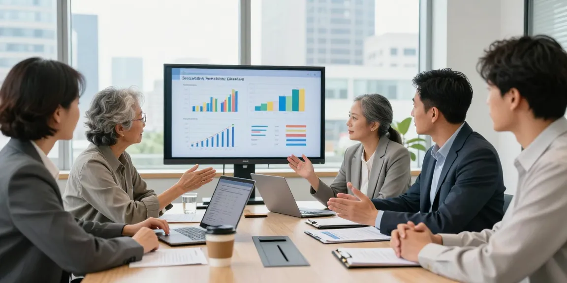 Discussing social security benefits with financial advisors in a modern office.