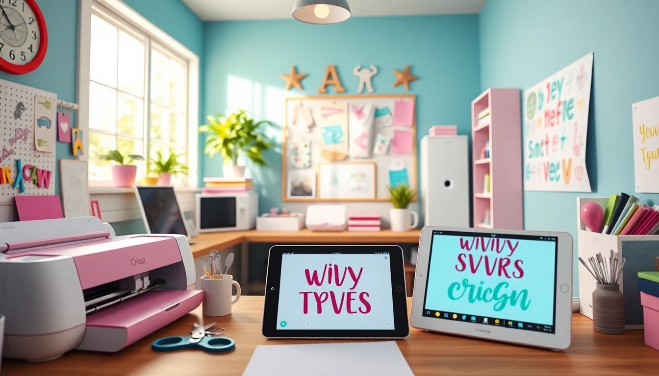 Cricut SVG workspace with colorful vinyl and crafting tools in a creative environment.