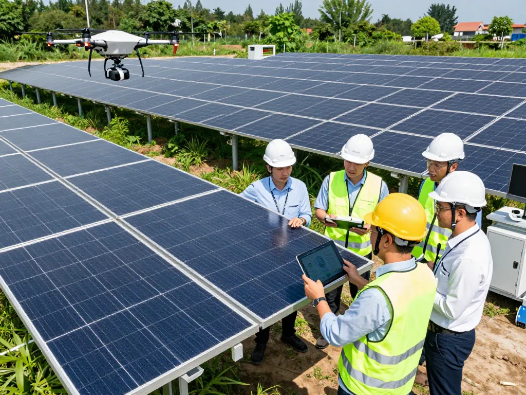 Engineers inspecting high-efficiency moduli per impianti fotovoltaici industriali at a large-scale solar installation, promoting renewable energy.