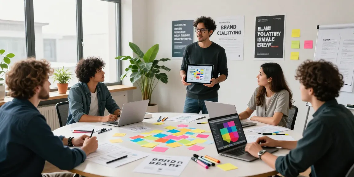 Founders engaged in brand sprints, collaborating on strategy in a bright studio.
