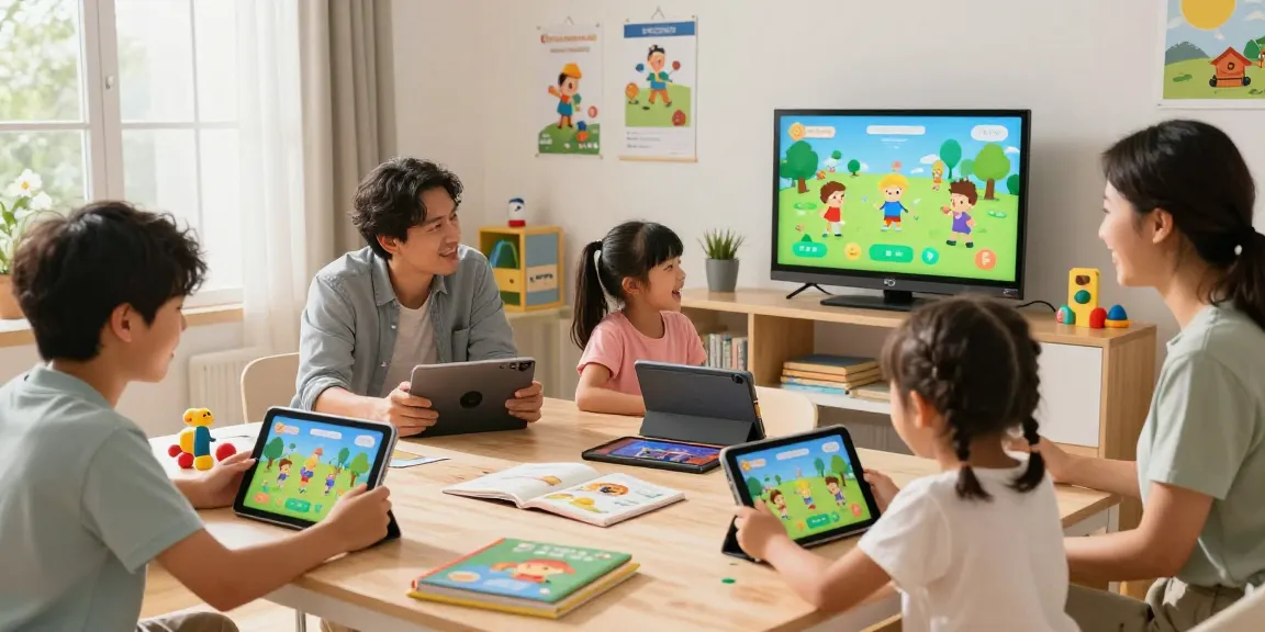 Children enjoying educational games together with family in a bright learning environment.