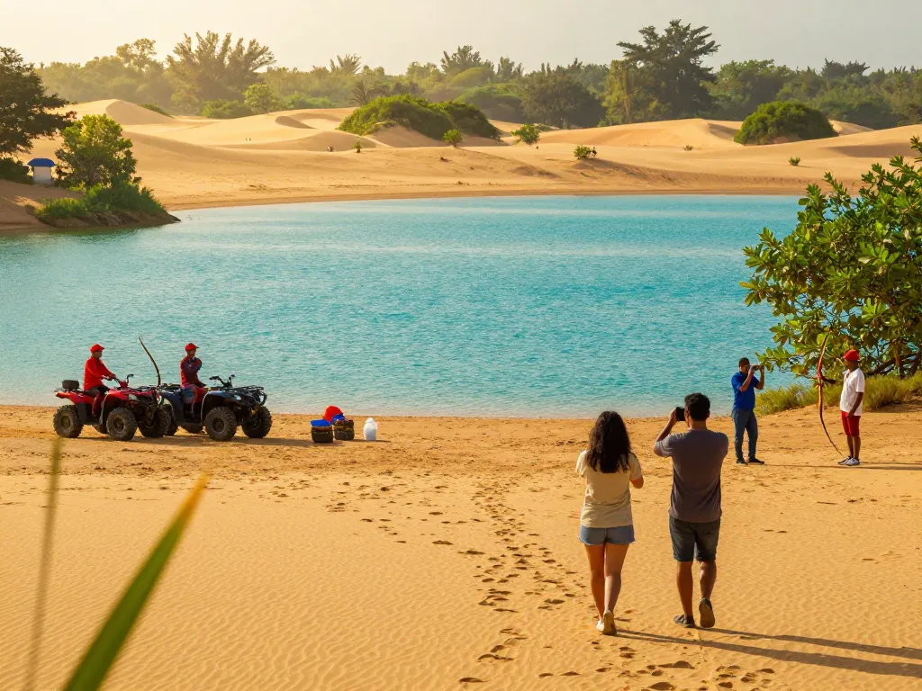 Blue Lake Bintan showcasing stunning turquoise water and desert-like sand dunes with visitors capturing memories.