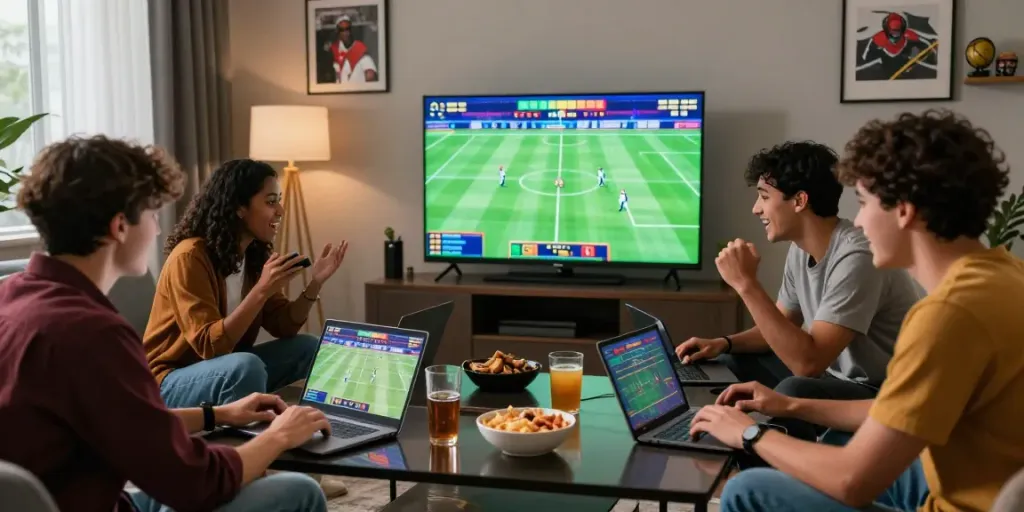 Group of friends excitedly engaging in Link M88 online sports betting in a stylish living room.