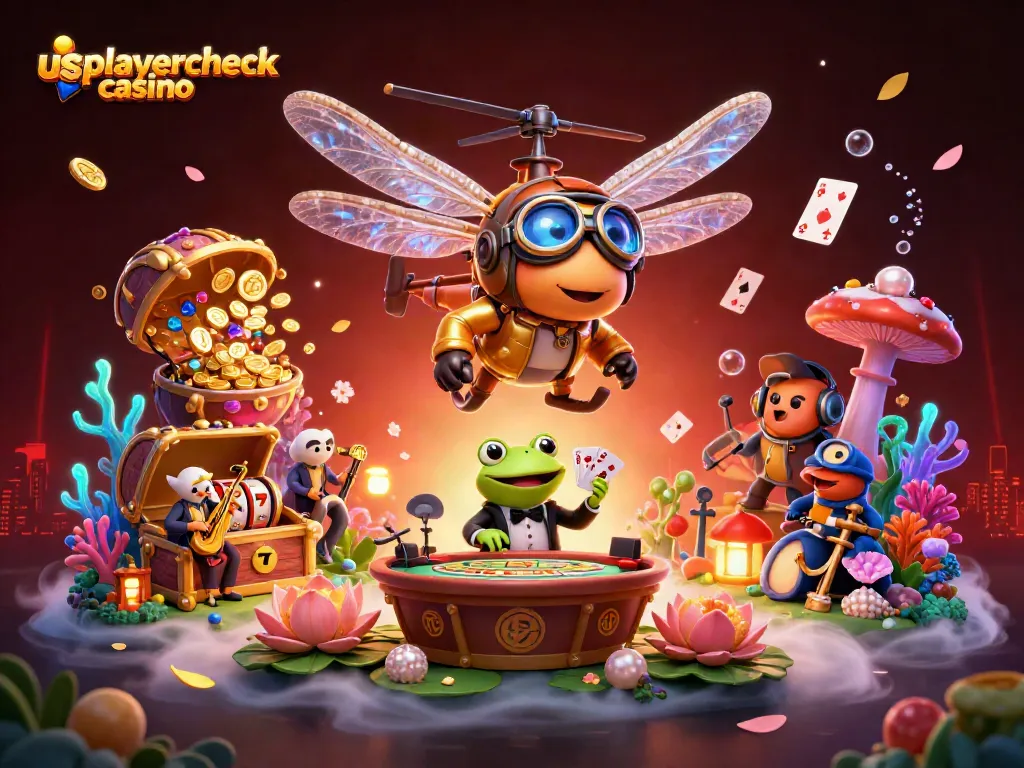 Play at usplayercheck casino with a vibrant illustration of a frog croupier and dragonfly pilot in action.