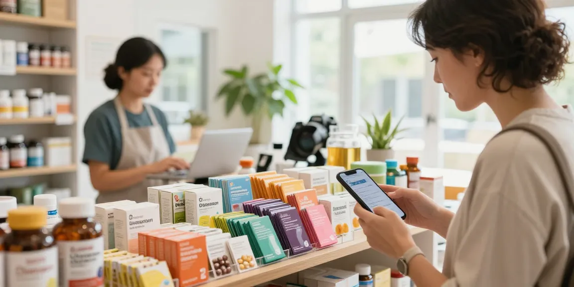 Person browsing diazepam capsules in a bright wellness shop, showcasing inviting atmosphere.
