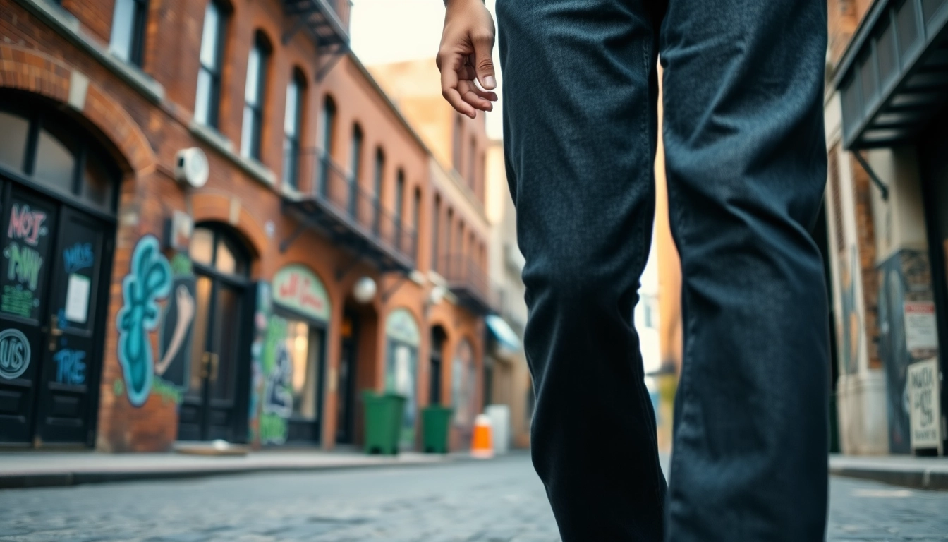 A stylish adult wearing baggy black jeans in an urban setting with vibrant street art.