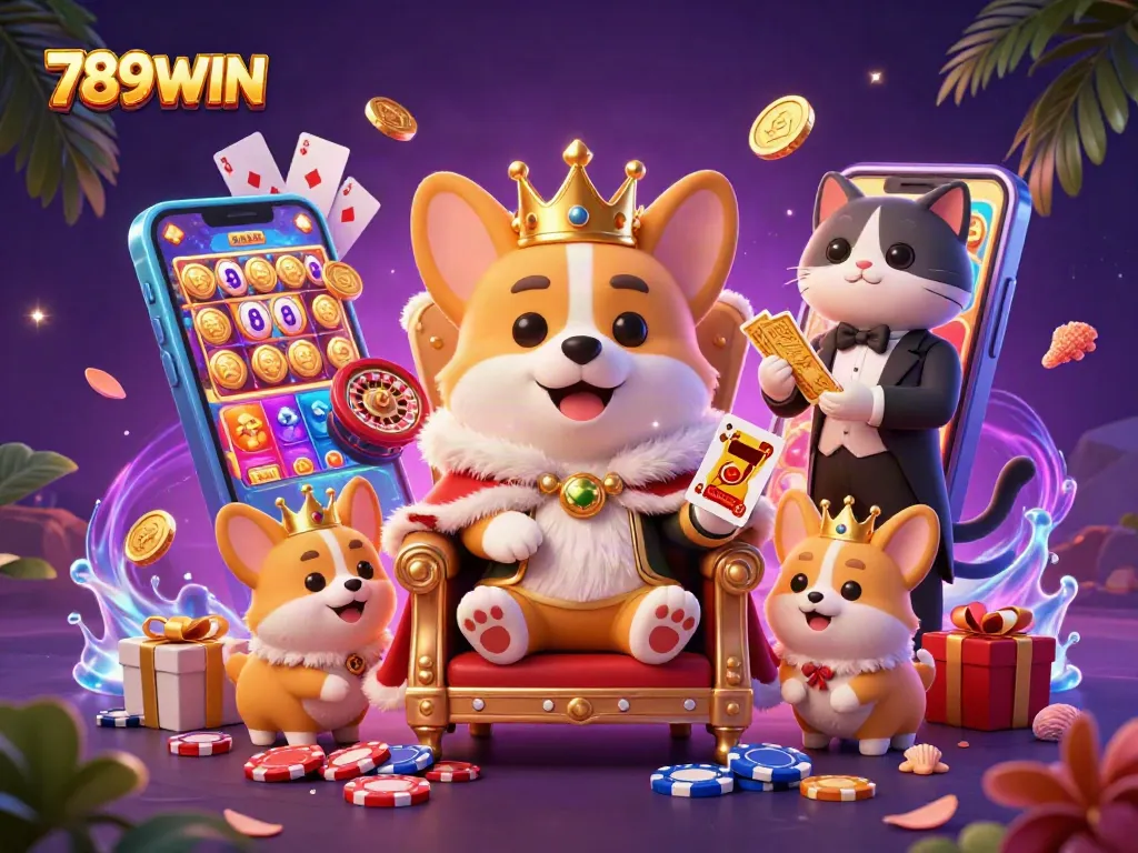 Winning at 789WIN with a royal corgi surrounded by casino elements in a vibrant scene.