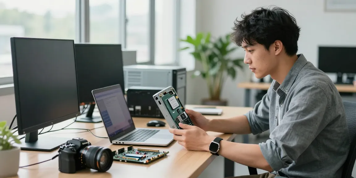 Refurbished PC setup showcasing expert handling and modern office environment.