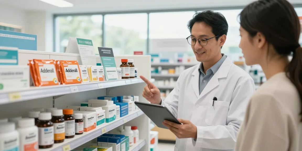 Pharmacy expert discussing ADHD medication options, including https://www.amazingfactorstore.com/product/order-adderall-20mg, with a customer in a well-lit health store.