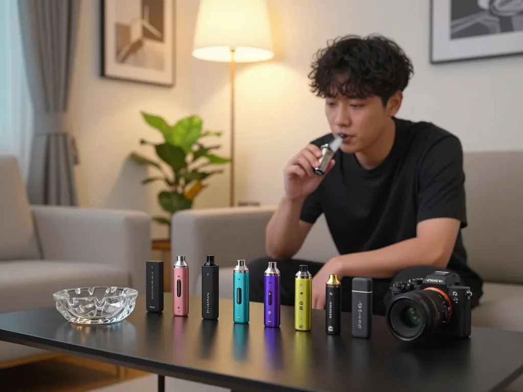 Vapes in Korea displayed on a modern coffee table, showcasing popular products and a cozy urban atmosphere.