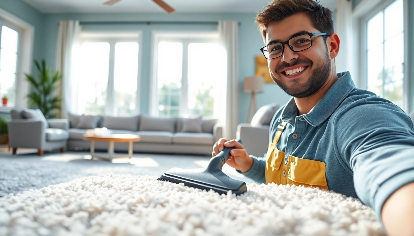 Find the best carpet cleaners near me with a smiling technician demonstrating effective carpet cleaning techniques.