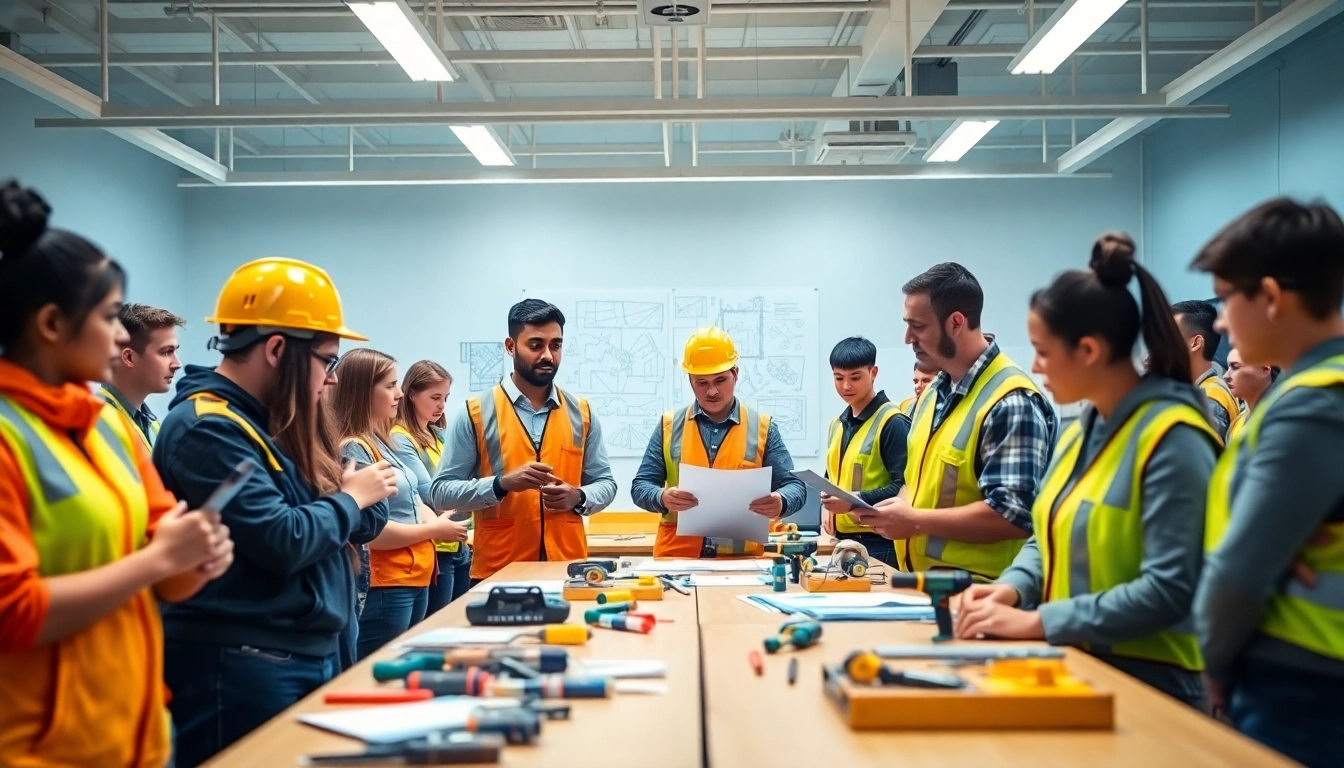 Engaging construction education class showcasing students learning techniques in a vibrant environment.