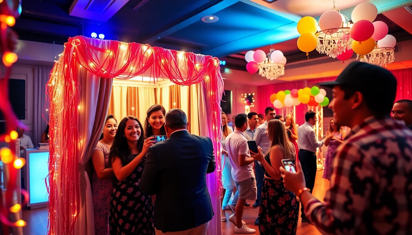Excited guests at a vibrant photo booth rental celebrating with bright decorations.