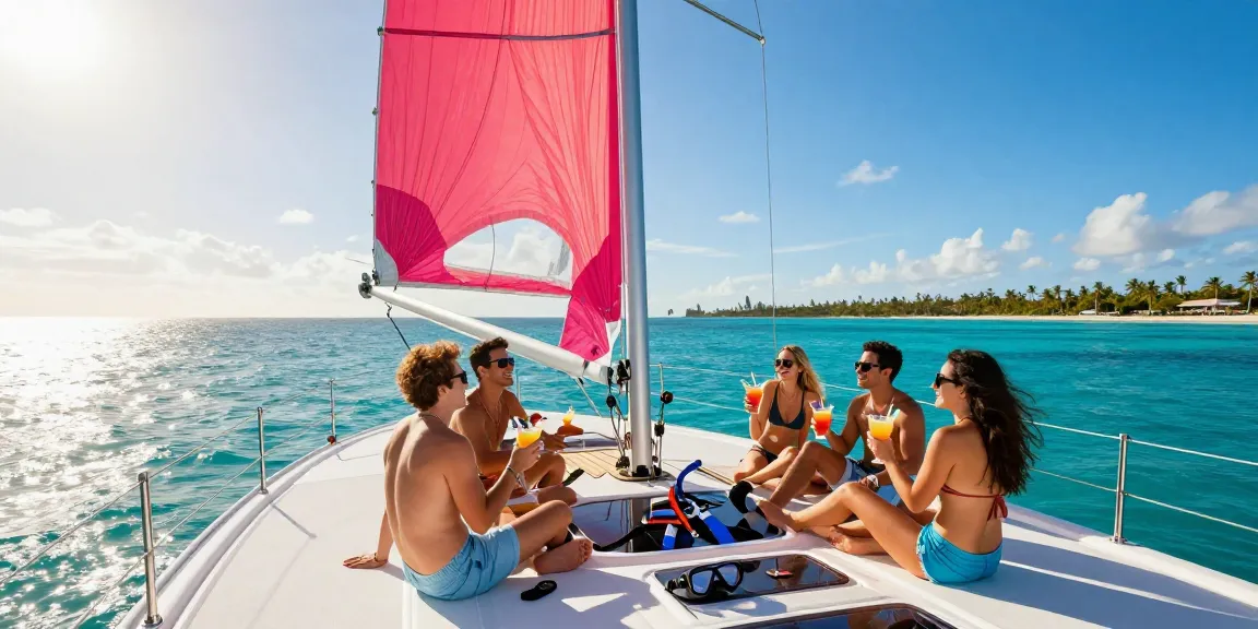 Yacht rental Punta Cana with friends enjoying a private catamaran cruise, tropical islands in the background.