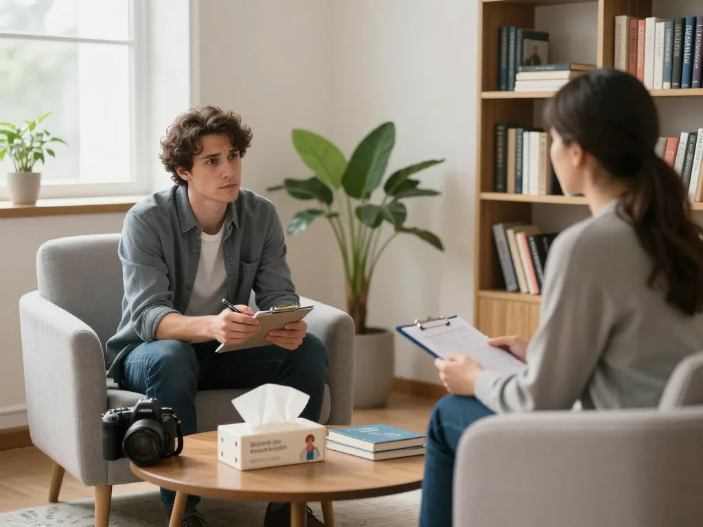A psychiatrist discussing mental health with a patient, creating a safe space for conversations about 焦慮症 in a warm and inviting office.