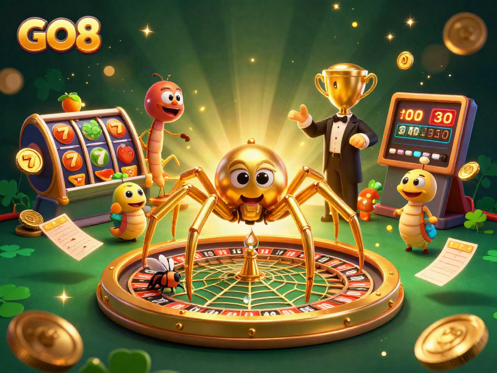 Experience the GO8 casino thrill with a detailed illustration of a golden spider spinning its roulette wheel web