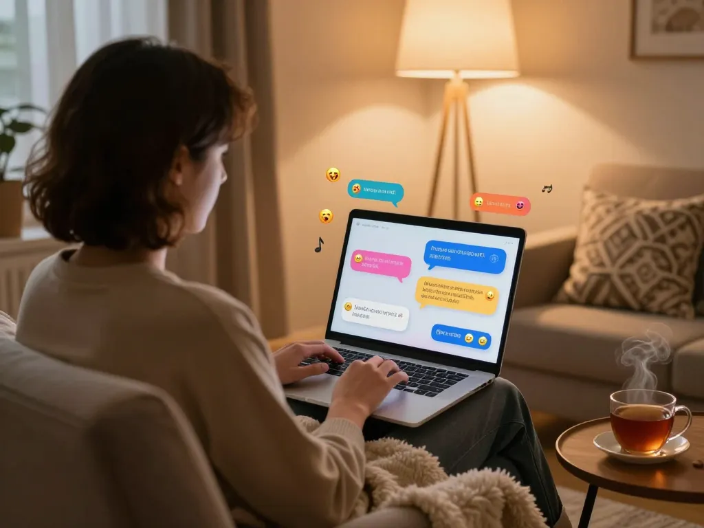 Engaging in free AI sex chat on a cozy laptop setup, creating an intimate atmosphere.